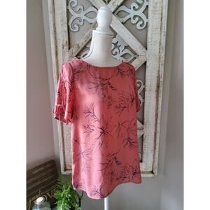 Kaileigh Coral Pink Floral Sketched Print Blouse Tie Sleeve Short Sleeve Top M